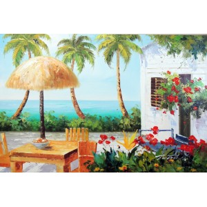 Caribbean Hawaii Beach House Patio Palms Flowers Stretched 24X36 Oil Painting   232889559742